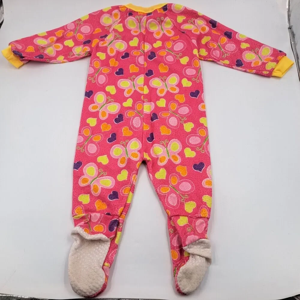 Vintage Carters Footed Pajamas Girls 2T Pink Butterfly Hearts 90s Y2K
